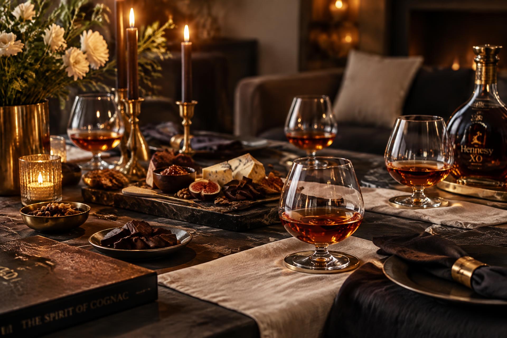 Candlelit cognac tasting table with glasses and small plates